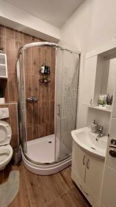 une salle de bain avec une douche, des toilettes et un lavabo dans l'établissement Apartman Jereza Prijedor, à Prijedor 7 autres photos