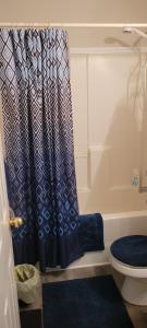 a bathroom with a shower curtain and a toilet at Central Pointe Pad in Riverdale
