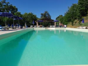 ein großer Pool mit blauem Wasser, Stühlen und Sonnenschirmen in der Unterkunft Poggio dei Michelazzi in Fauglia