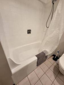 a white bath tub in a bathroom with a toilet at Cedar Lodge Room w/ Lake Views! in Laconia