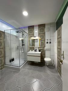 uma casa de banho com um chuveiro, um lavatório e um WC. em Modern Apartments Neuburg 1 - TOP NEU - 2 Zimmer, Komfort, Zentrum, Wi-Fi, Smart TV, Stellplatz, Küche em Neuburg an der Donau