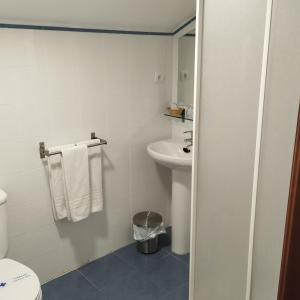 a bathroom with a white toilet and a sink at Hospederia el Fielato in El Burgo de Osma