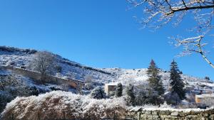 a snow covered hill with trees and a building at Casa Rural Restaurante Casino Munilla in Munilla