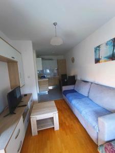 uma sala de estar com um sofá azul e uma televisão em Apartmani Dar Lux em Banja Koviljača