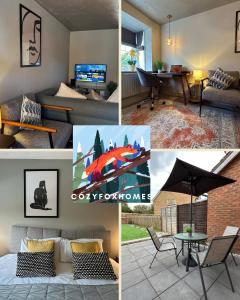 een collage van foto's van een woonkamer bij Orchard House - Great Design, Comfortable furnitures, Free Wifi & Free Parking, Nice tidy Garden in Swindon