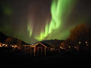 ein Bild der Aurora am Himmel über einem Haus in der Unterkunft Koselig dyregård i Tromsø in Tromsø