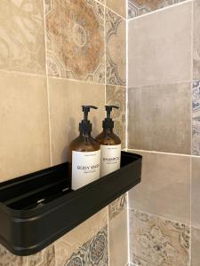 Deux bouteilles de savon sur une étagère dans une salle de bains dans l'établissement Cosy Alba plein centre Visé, à Visé