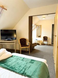 a hotel room with a bed and a television at Harzhotel Grünett in Langelsheim