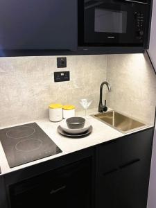a kitchen counter with a sink and a microwave at Lovely 1 Bed Studio 1B near Royal Infirmary and DMU in Leicester