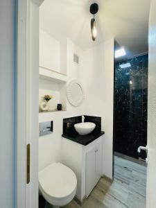 a bathroom with a white toilet and a sink at Apartament CHIC in Vatra Dornei