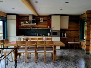 a kitchen with a table and chairs in a room at Villa Murmuļmuiža in Zāģeri