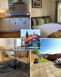 a collage of photos of a kitchen and a bedroom at Edinburgh Street Home - Beautiful House with Free Parking and Wifi, Equipped with comfy furnitures in Swindon