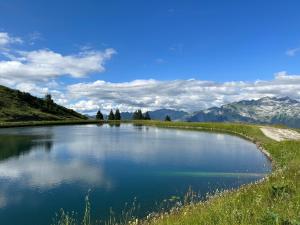 a lake in the middle of a field with mountains at Arve et Giffre Samoens 1600 in Samoëns