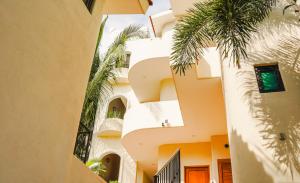 沙由利達的住宿－拉斯奎納公寓式酒店，两座棕榈树建筑之间的小巷