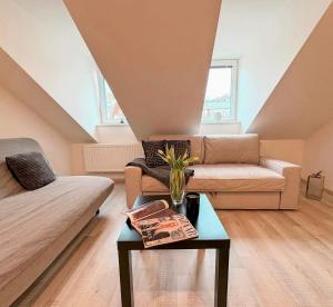 un salon avec un canapé et une table dans l'établissement Apartmán Amici, à Karlovy Vary