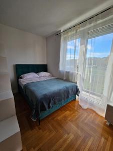 sypialnia z łóżkiem i dużym oknem w obiekcie Apartman Lollita w mieście Banja Luka