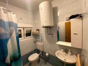 a small bathroom with a toilet and a sink at Super Horizont beach house-FREE PARKING AND JACCUZZI in Split