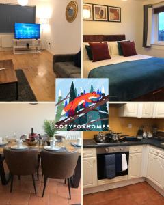 un collage de fotos de un dormitorio y una habitación en Montrose House - Spacious Comfy 3 Bedroom House, Free Wifi and Free Parking, en Swindon