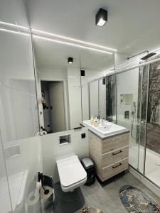 une salle de bain avec un lavabo, des toilettes et une douche dans l'établissement Warsaw City Center Rooms, à Varsovie