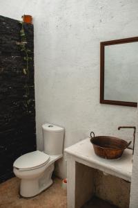 a bathroom with a toilet and a bowl on a counter at Casa Colmena in Tlayacapan