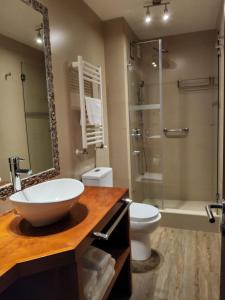 a bathroom with a sink and a toilet and a shower at Martina de Goñi in Pucón +49 photos