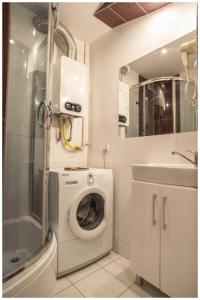 a bathroom with a washing machine and a sink at Apartament Zdrojowy in Busko-Zdrój