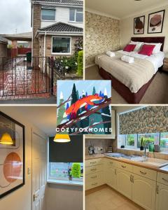 eine Collage mit Bildern eines Schlafzimmers und eines Bettes in der Unterkunft Tennyson House - Cul De Sac 3 Bedroom House for Families, Business Travellers, Contractors, Free Parking & Wifi, Nice Garden in Royal Wootton Bassett