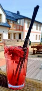 una bebida en un vaso sentado en una mesa en hotel ZLATÝ POTOK, en Nicov