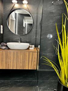La salle de bains est pourvue d'un lavabo et d'un miroir. dans l'établissement Apartamenty Kielce- APARTAMENT SZMARAGD przy zalew kielecki, faktura, à Kielce