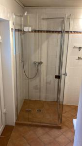 um chuveiro com uma porta de vidro na casa de banho em Ferienwohnung am Schloss 