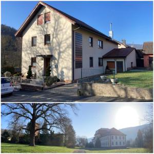 duas fotos de uma casa branca e um edifício em Ferienwohnung am Schloss 