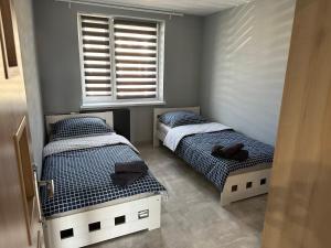 2 łóżka pojedyncze w sypialni z oknem w obiekcie Apartament Kościuszko w mieście Głogówek
