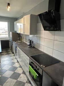 a kitchen with a sink and a stove top oven at Apartament Kościuszko in Głogówek