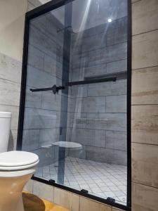 a glass shower in a bathroom with a toilet at Yello Guest House Graskop in Graskop