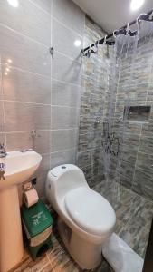 a bathroom with a toilet and a sink and a shower at ANDALIVING CAMPO VALDÉS Estudio in Medellín