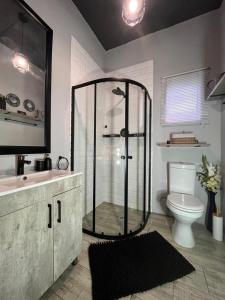 a bathroom with a glass shower and a toilet at Kiewiets Creek Guesthouse in Pretoria