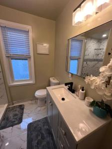 bagno con lavandino, servizi igienici e specchio di Cozy on the Hill a Wilmington