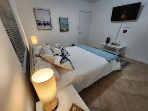 1 dormitorio con 1 cama con almohadas y TV en Hostel Beds & Sheets FLL AIRPORT, en Dania Beach