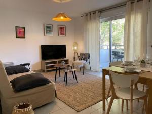 een woonkamer met een bank, een tafel en een televisie bij Appartement Montpellier Nord 6 personnes in Montpellier