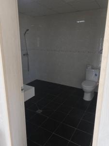 a bathroom with a toilet and a shower in it at Dupincia Lodge in Nuku‘alofa