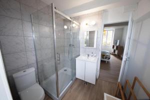 a bathroom with a shower and a toilet and a sink at Gîte La Foresienne in Putanges-le-Lac
