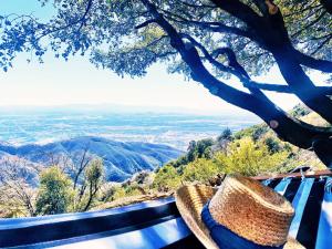 a straw hat sitting on a bench overlooking a valley at Breathtaking Views - Romantic, Peaceful & Secluded in Crestline