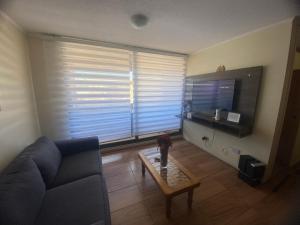 - un salon avec un canapé, une table et une télévision dans l'établissement Apartamento centrico, à Curicó