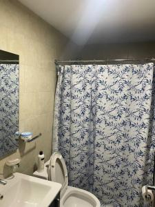 a bathroom with a toilet and a shower curtain at Hermoso Apartamento con una de las mejores vistas in Panama City