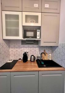 a kitchen counter with a sink and a microwave at George Studio przy Stadionie Narodowym in Warsaw