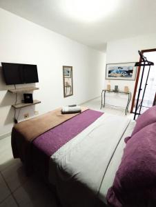 a bedroom with a large bed and a flat screen tv at Queen's Flats in Brasilia