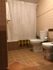 La salle de bains est pourvue de toilettes, d'une douche et d'un lavabo. dans l'établissement CASA VALLE VERDE, à Lentegí
