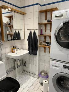 ein Badezimmer mit einer Waschmaschine und einem Waschbecken in der Unterkunft Apartment in the middle of So-Fo, Södermalm, 67sqm in Stockholm