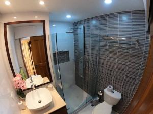 a bathroom with a shower and a toilet and a sink at Apartamento Luxury frente al mar in Cartagena de Indias