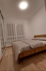 sypialnia z 2 łóżkami i oknem w obiekcie Apartman Kosmos w mieście Banja Luka